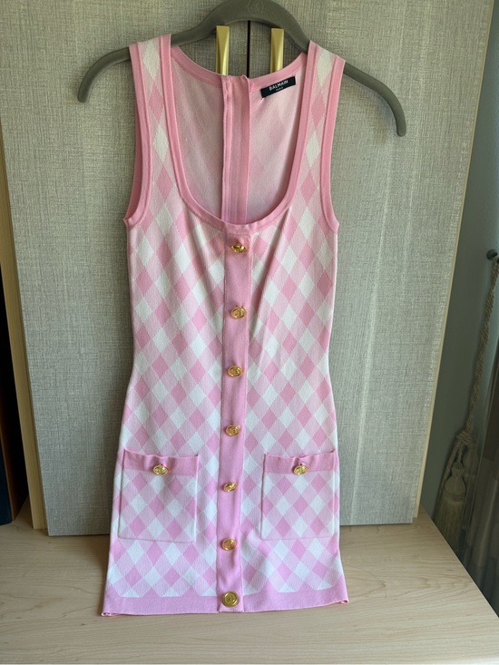 Balmain Dresses & Skirts - Balmain Pink and White Argyle Knit stretchy bodycon Mini Dress with Gold Button
